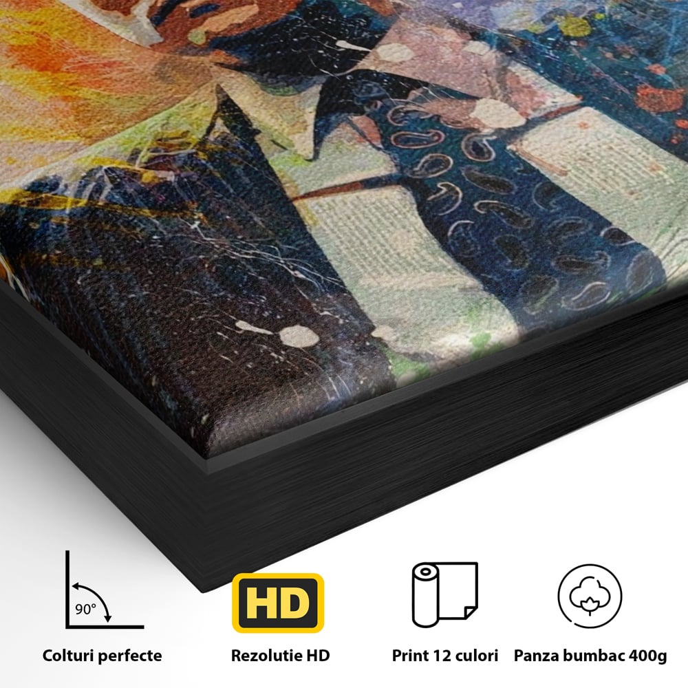 Detaliu al suprafetei: tablou canvas cu leonardo dicaprio si bani, in rama de aluminiu negru